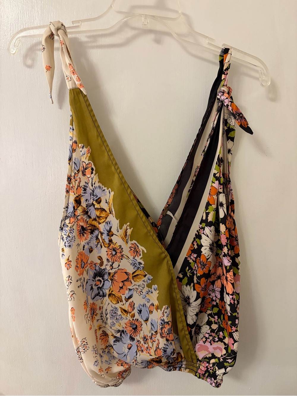 Free People Floral Wrap Camisole in Olive, Black & Cream